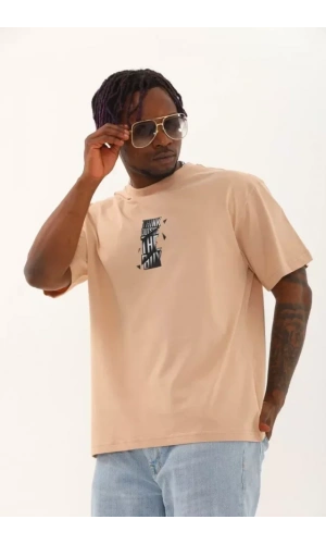 Unisex Oversize Baskılı Bisiklet Yaka T-Shirt - Bej