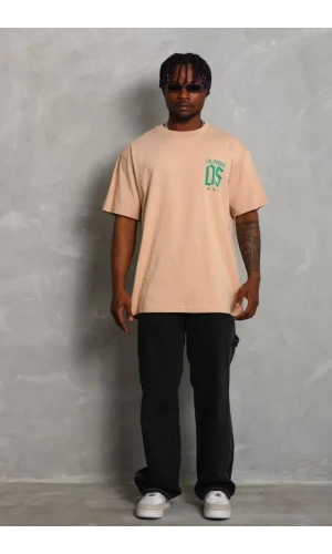 Unisex Oversize Baskılı Bisiklet Yaka T-Shirt - Bej