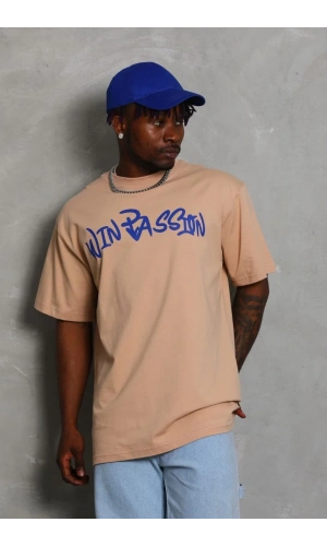 Unisex Oversize Baskılı Bisiklet Yaka T-Shirt - Bej