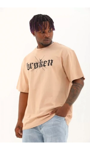 Unisex Oversize Baskılı Bisiklet Yaka T-Shirt - Bej