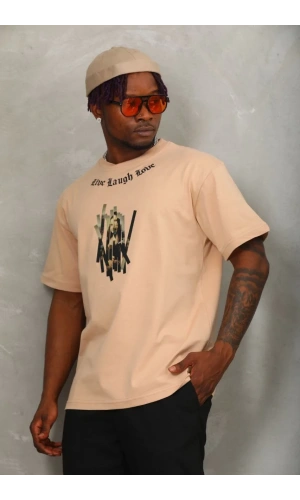 Unisex Oversize Baskılı Bisiklet Yaka T-Shirt - Bej