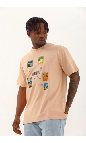 Unisex Oversize Baskılı Bisiklet Yaka T-Shirt - Bej