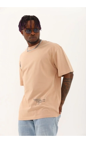 Unisex Oversize Baskılı Bisiklet Yaka T-Shirt - Bej