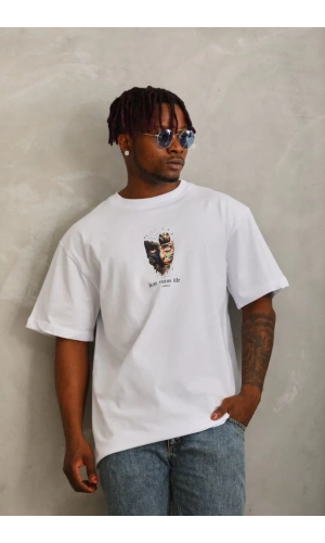 Unisex Oversize Baskılı Bisiklet Yaka T-Shirt - Beyaz