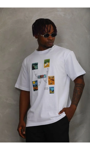 Unisex Oversize Baskılı Bisiklet Yaka T-Shirt - Beyaz