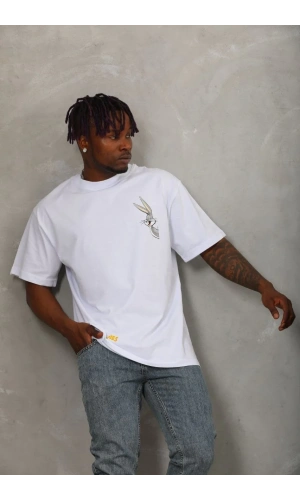 Unisex Oversize Baskılı Bisiklet Yaka T-Shirt - Beyaz