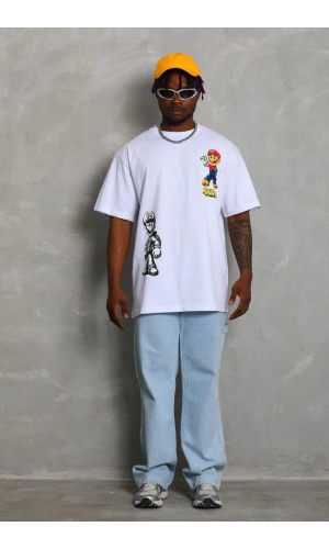 Unisex Oversize Baskılı Bisiklet Yaka T-Shirt - Beyaz