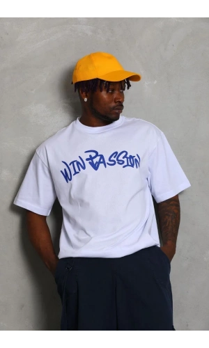 Unisex Oversize Baskılı Bisiklet Yaka T-Shirt - Beyaz