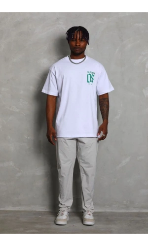 Unisex Oversize Baskılı Bisiklet Yaka T-Shirt - Beyaz