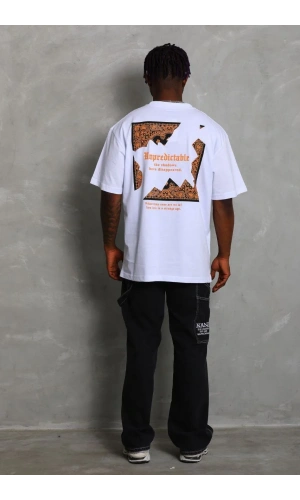 Unisex Oversize Baskılı Bisiklet Yaka T-Shirt - Beyaz