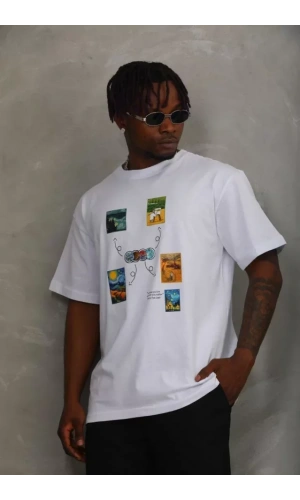 Unisex Oversize Baskılı Bisiklet Yaka T-Shirt - Beyaz