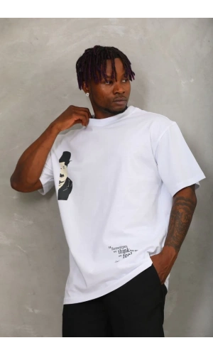 Unisex Oversize Baskılı Bisiklet Yaka T-Shirt - Beyaz