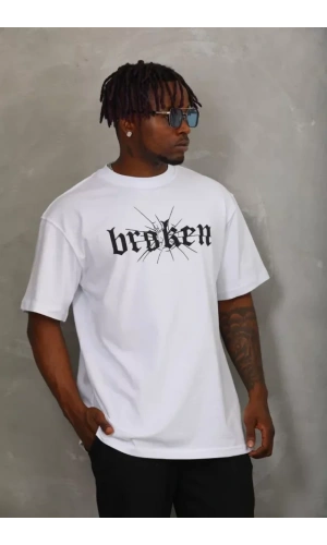 Unisex Oversize Baskılı Bisiklet Yaka T-Shirt - Beyaz