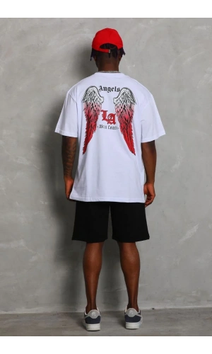 Unisex Oversize Baskılı Bisiklet Yaka T-Shirt - Beyaz