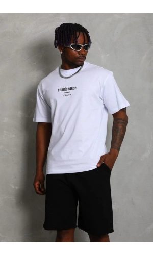 Unisex Oversize Baskılı Bisiklet Yaka T-Shirt - Beyaz