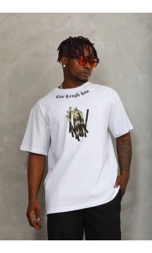 Unisex Oversize Baskılı Bisiklet Yaka T-Shirt - Beyaz