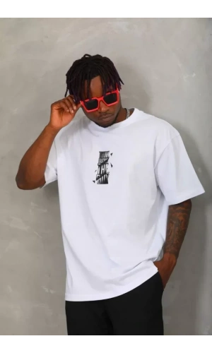 Unisex Oversize Baskılı Bisiklet Yaka T-Shirt - Beyaz