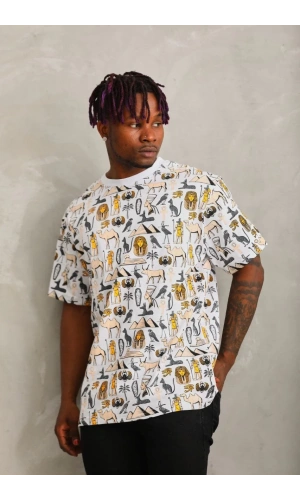 Unisex Oversize Baskılı Bisiklet Yaka T-Shirt - Beyaz