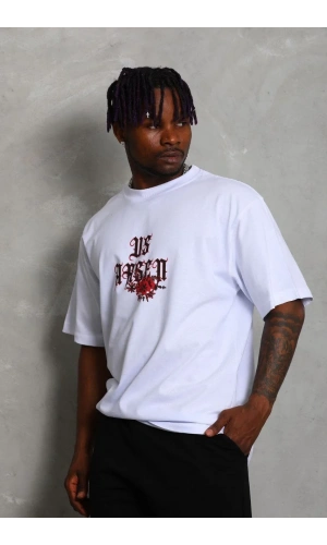 Unisex Oversize Baskılı Bisiklet Yaka T-Shirt - Beyaz