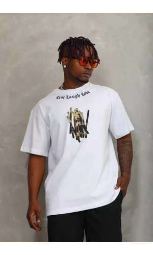 Unisex Oversize Baskılı Bisiklet Yaka T-Shirt - Beyaz