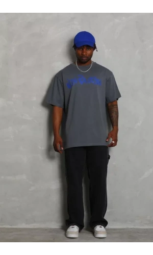 Unisex Oversize Baskılı Bisiklet Yaka T-Shirt - Füme