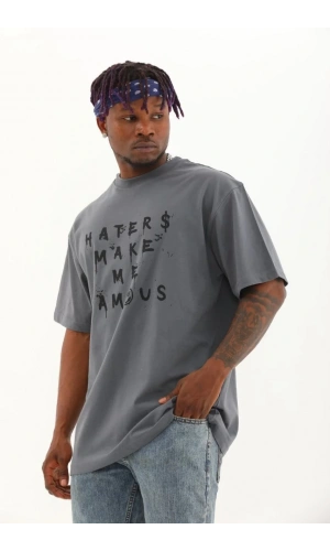 Unisex Oversize Baskılı Bisiklet Yaka T-Shirt - Füme