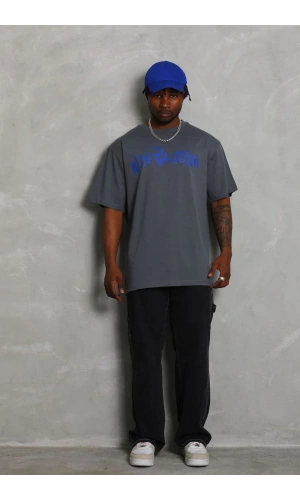 Unisex Oversize Baskılı Bisiklet Yaka T-Shirt - Füme