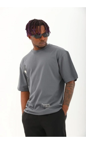 Unisex Oversize Baskılı Bisiklet Yaka T-Shirt - Füme