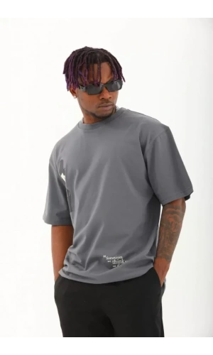 Unisex Oversize Baskılı Bisiklet Yaka T-Shirt - Füme