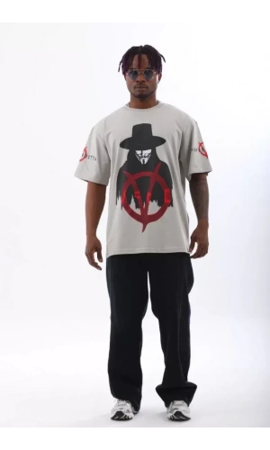 Unisex Oversize Baskılı Bisiklet Yaka T-Shirt - Gri