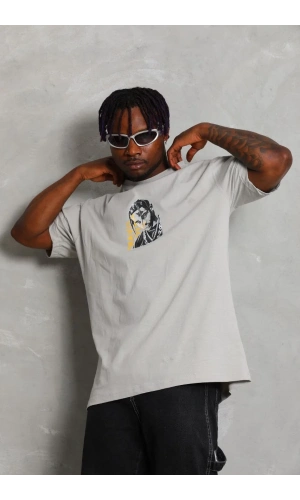 Unisex Oversize Baskılı Bisiklet Yaka T-Shirt - Gri