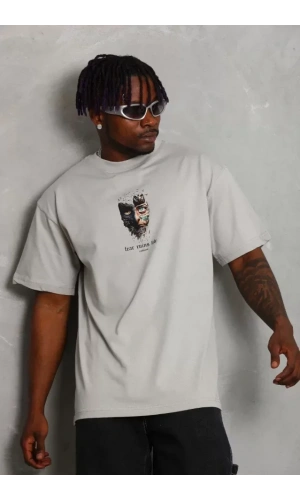 Unisex Oversize Baskılı Bisiklet Yaka T-Shirt - Gri