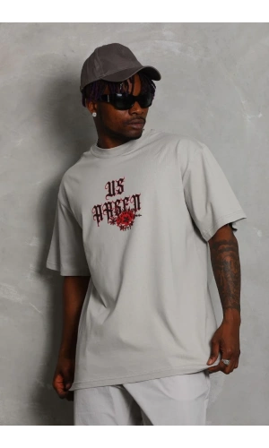 Unisex Oversize Baskılı Bisiklet Yaka T-Shirt - Gri