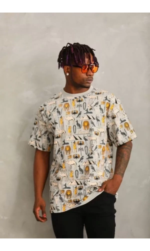 Unisex Oversize Baskılı Bisiklet Yaka T-Shirt - Gri