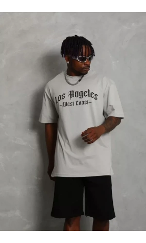 Unisex Oversize Baskılı Bisiklet Yaka T-Shirt - Gri