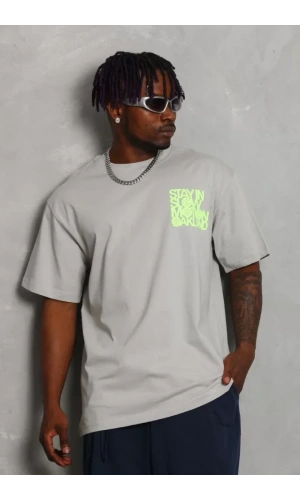 Unisex Oversize Baskılı Bisiklet Yaka T-Shirt - Gri