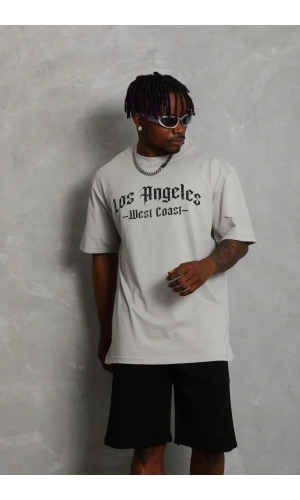 Unisex Oversize Baskılı Bisiklet Yaka T-Shirt - Gri