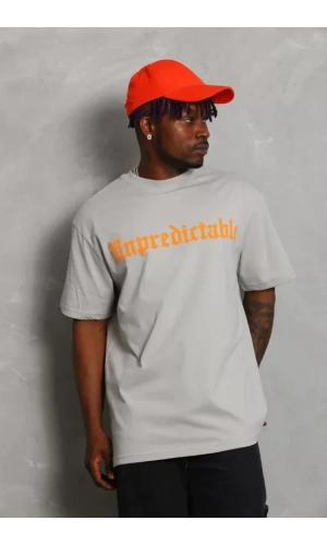 Unisex Oversize Baskılı Bisiklet Yaka T-Shirt - Gri