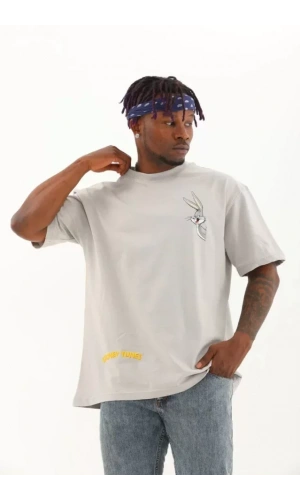 Unisex Oversize Baskılı Bisiklet Yaka T-Shirt - Gri