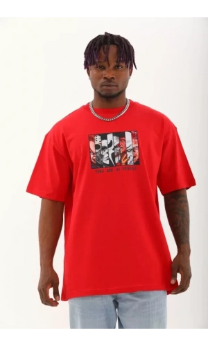 Unisex Oversize Baskılı Bisiklet Yaka T-Shirt - Kırmızı