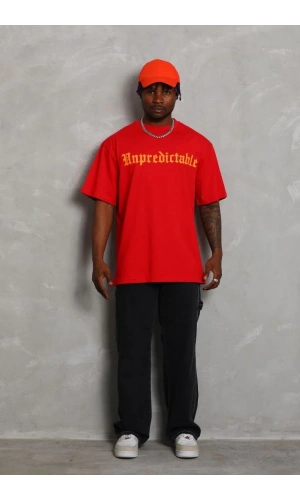 Unisex Oversize Baskılı Bisiklet Yaka T-Shirt - Kırmızı