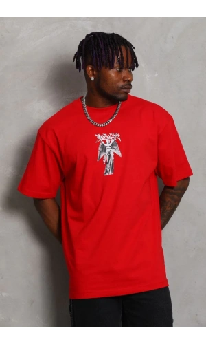 Unisex Oversize Baskılı Bisiklet Yaka T-Shirt - Kırmızı