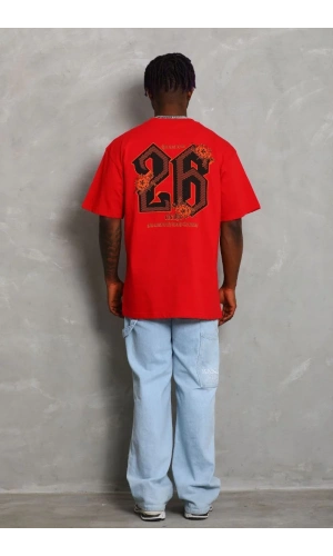 Unisex Oversize Baskılı Bisiklet Yaka T-Shirt - Kırmızı