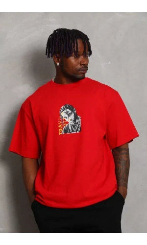 Unisex Oversize Baskılı Bisiklet Yaka T-Shirt - Kırmızı