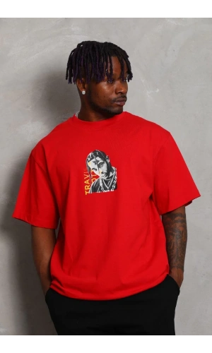 Unisex Oversize Baskılı Bisiklet Yaka T-Shirt - Kırmızı