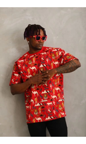 Unisex Oversize Baskılı Bisiklet Yaka T-Shirt - Kırmızı