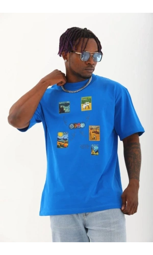 Unisex Oversize Baskılı Bisiklet Yaka T-Shirt - Mavi