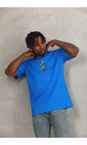 Unisex Oversize Baskılı Bisiklet Yaka T-Shirt - Mavi