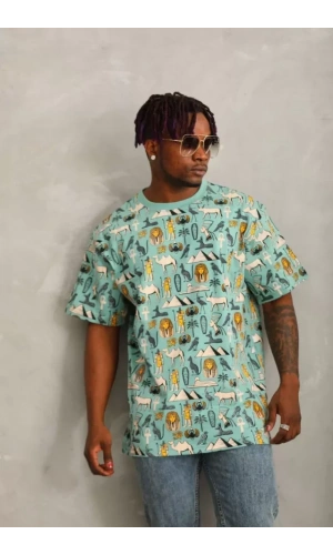 Unisex Oversize Baskılı Bisiklet Yaka T-Shirt - Mint Yeşili