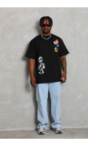 Unisex Oversize Baskılı Bisiklet Yaka T-Shirt - Siyah